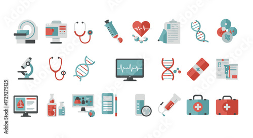 A clear flat design illustration presenting a collection of icons symbolizing medical technology and advancements in healthcare.