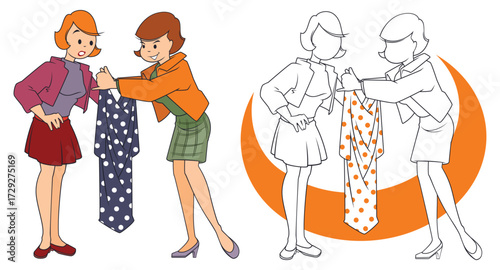 Pretty girls try on dress.