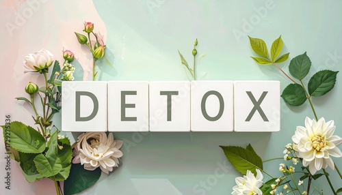 デトックスを意味する英単語のdetoxの文字が書かれた木製のキューブブロックと植物。AIで生成	