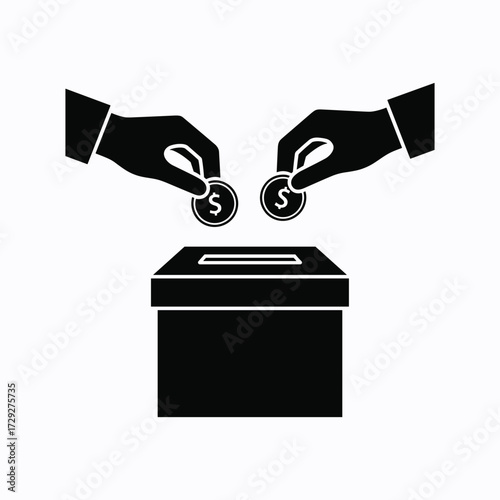 Silhouette of hands dropping coins into a donation box on white charity giving