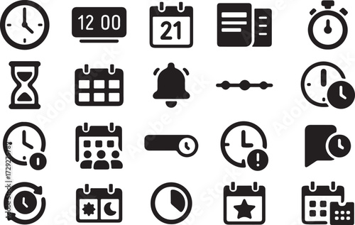 Time Schedule Glyph Icon Set Solid Symbols for Calendar, Stopwatch, Deadline, Planning, Reminder, Productivity and Events