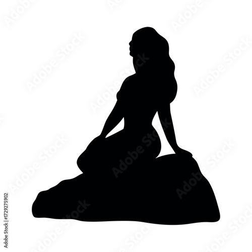 Silhouette of a regal princess with flowing hair sitting gracefully on a rock