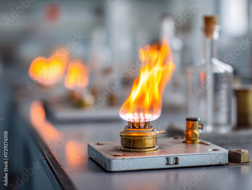 A close-up view of a burner with an orange flame, surrounded by pristine laboratory equipment on a polished countertop