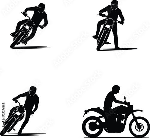 Motorcycle rider silhouettes, motorbike posture illustration, leaning turn, upright stance, riding technique, safety training, biker art, transport design, motion study, vehicle