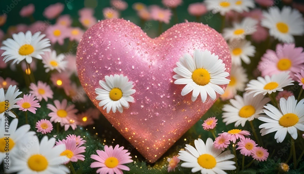 Obraz premium Pink heart adorned with daisies in a field