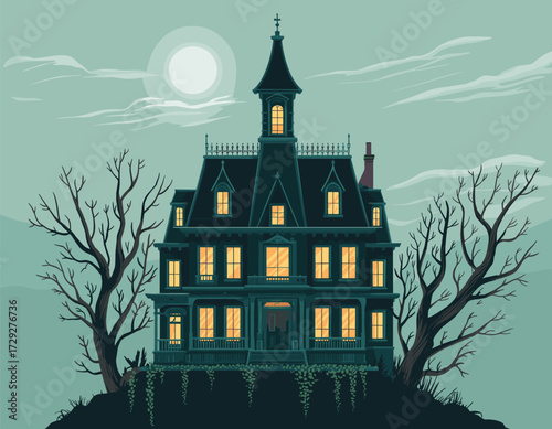 Haunted house illustration, spooky abandoned mansion artwork, eerie gothic architecture, creepy night scene, full moon background, horror scary haunted design