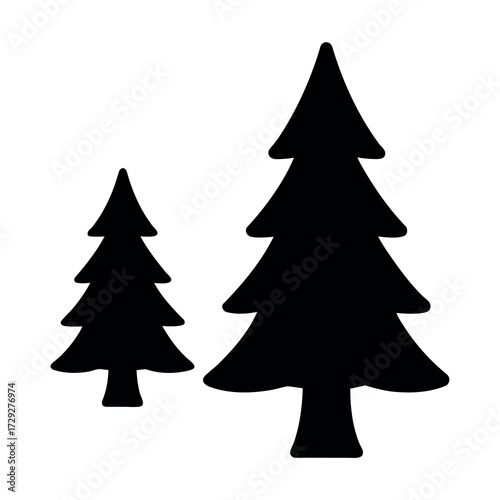 Two stylized black silhouettes of evergreen trees one small and one large on a white background