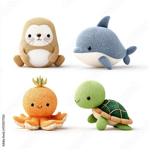 cute 3D sea animals for kids app 3d sea animals pack Cute plush toys of sea creatures including an otter, dolphin, octopus, and turtle, perfect for children's play or decor.