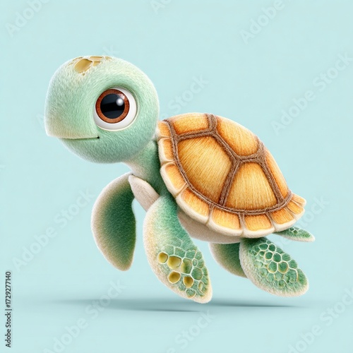 cute 3D sea animals for kids app 3d sea animals pack A charming cartoon turtle is swimming playfully against a pastel blue background, embodying innocence and joy of sea life.