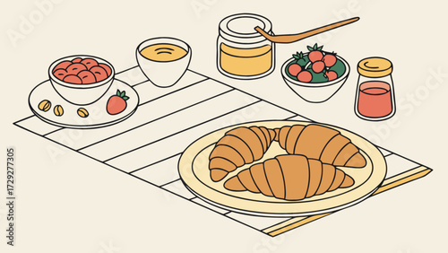 Delicious breakfast spread with croissants, jam, honey, and fresh strawberries vector illustration