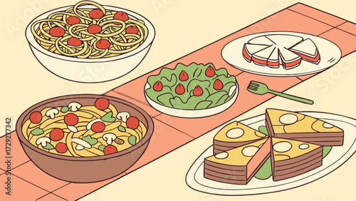 Delicious italian food pasta salad sandwiches on table illustration for restaurant menu design art
