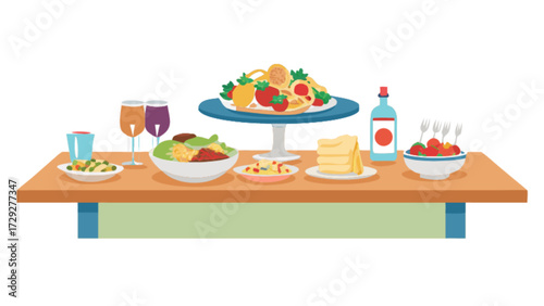 Delicious food table spread vector illustration featuring pasta salad cake wine and fruit graphics design