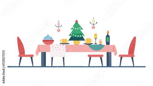 Festive christmas dinner table setting with tree candles and dishes vector illustration design