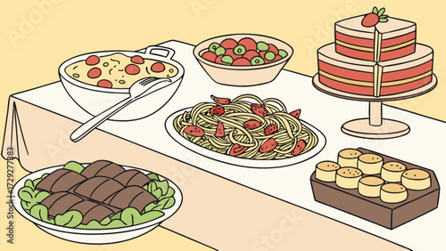 Illustration of catered event with cake pasta salad dessert and meat dishes on table top view