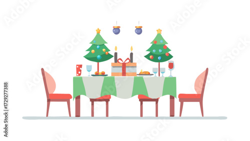 Christmas dinner table with christmas trees and gifts for holiday celebration vector design