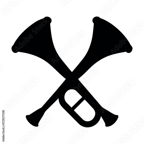 Two crossed trumpets silhouette symbolizing music and fanfare in black and white