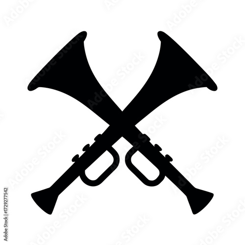 Two silhouetted trumpets crossed together against a white background symbolizing music and performance