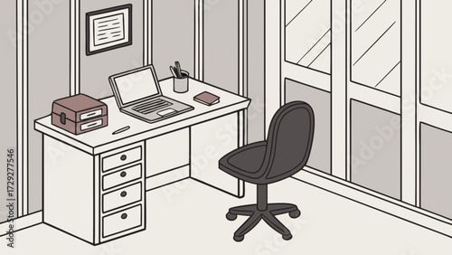 Illustration of office workspace with desk chair laptop and file cabinet for design and decor