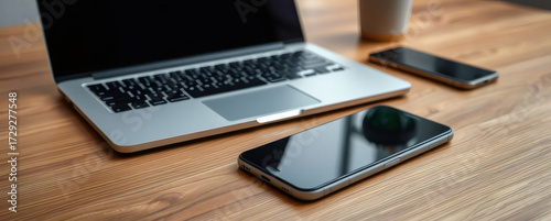 Workspace setup with devices on a wooden table Generative AI