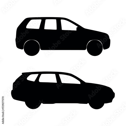 Two black silhouette icons of station wagon cars viewed from the side on a white background
