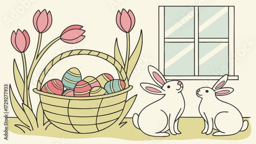 Cute easter bunny with basket full of easter eggs and tulip flowers spring holiday illustration art