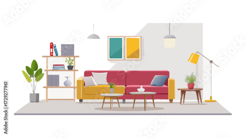 Modern living room interior design illustration with sofa, bookshelf, plants and decor elements vector