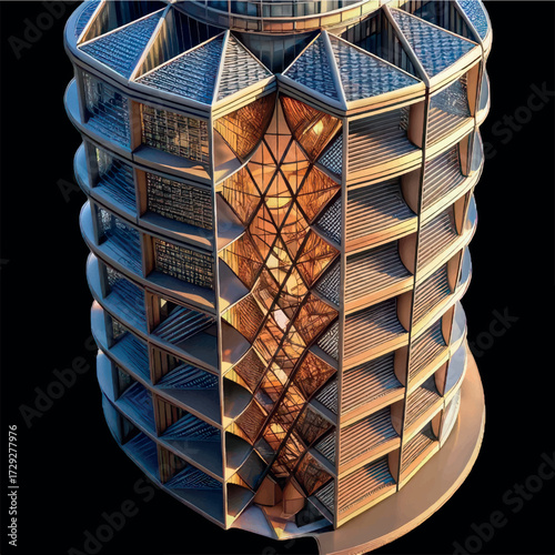 Architectural Gem: An artful image showcasing the intricate detail and artistic design of a modern skyscraper, with a focus on its architectural elegance.