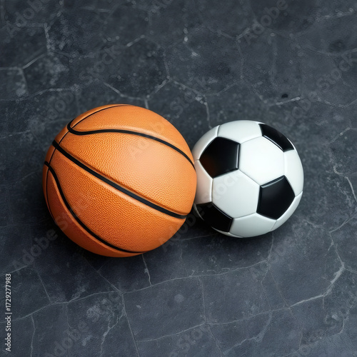 Comparison of basketball and soccer ball on a dark surface Generative AI