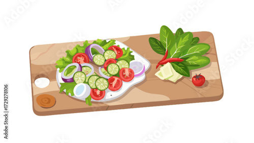 Delicious summer salad recipe with fresh vegetables and feta cheese on wooden cutting board art