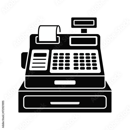 Vintage cash register with receipt and keypad on a white background Keywords: cash register, till