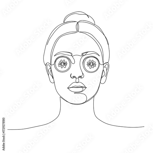 Young woman with cucumber slices on eyes and bun hairstyle  