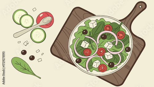 Delicious greek salad recipe with feta cheese tomatoes cucumber and olives on wooden board vector art