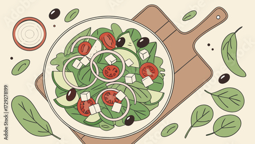Delicious greek salad recipe with fresh vegetables feta cheese and olives on wooden board art