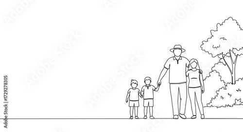 Family of four standing together outdoors in a line drawing style  