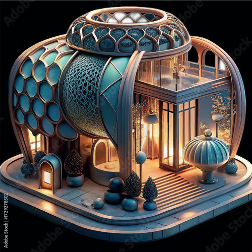 Geometric Jewel Box:  A captivating architectural structure, showcasing intricate geometric patterns and a luminous, inviting interior, like a jewel.