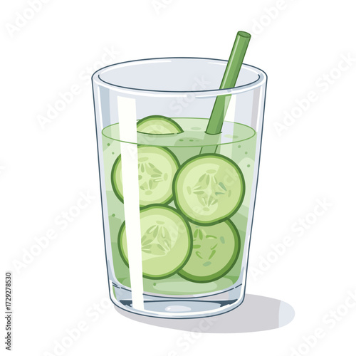 Refreshing cucumber drink in a glass with straw on white background  