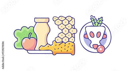 Healthy food plate with apple lettuce dressing honeycomb and radish vector illustration design