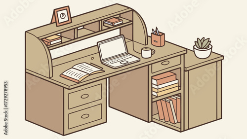 Illustration of wooden roll top desk with laptop open book and plant for home office setup design