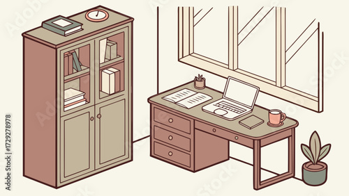 Isometric home office setup with desk, laptop, bookcase, window and plant illustration design