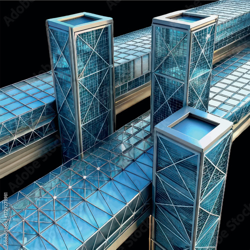 Modern architectural design in glass and steel: Experience a futuristic cityscape of interconnected structures, crafted from gleaming glass and robust steel.