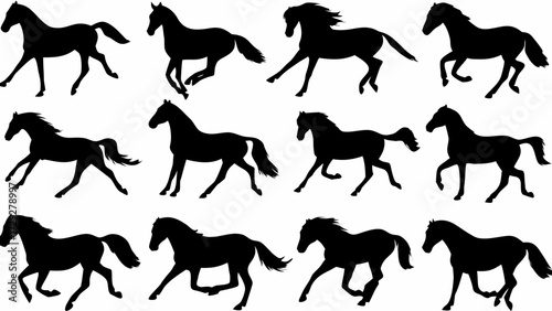 Dynamic horse silhouettes capture the spirit of freedom and power in motion, perfect for equestrian themes and energetic designs.