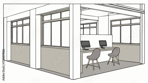 Office interior design illustration with desks chairs and windows for architectural visualization design