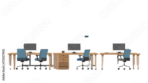 Office space interior design with desks chairs and computers for business and coworking layouts