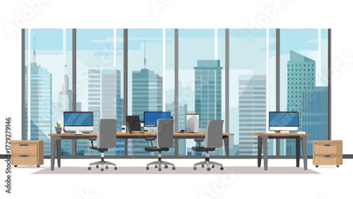Office space interior design vector illustration with cityscape view and modern office furniture