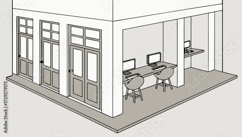 Isometric office space interior design with computer desks and chairs and doors for creative work