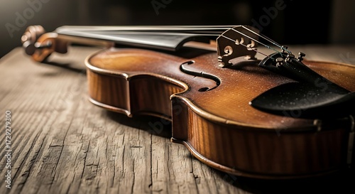 Violin on Wooden Table - A Close-Up of Musical Artistry.