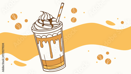 Delicious caramel frappe vector illustration with whipped cream topping and straw for cafe menu