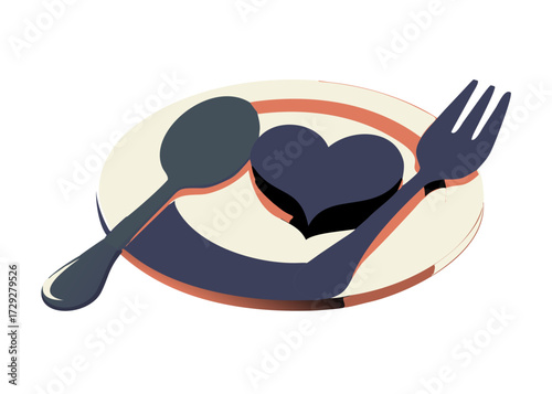 Heart shape bite mark with spoon and fork red pink isolated on transparent background in concept love for design elements of food menu, promotion poster in valentines day .vector icon