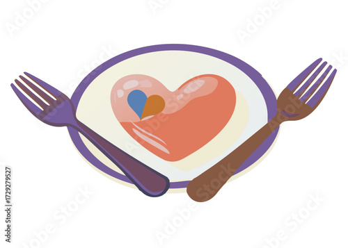 Heart shape bite mark with spoon and fork red pink isolated on transparent background in concept love for design elements of food menu, promotion poster in valentines day .vector icon