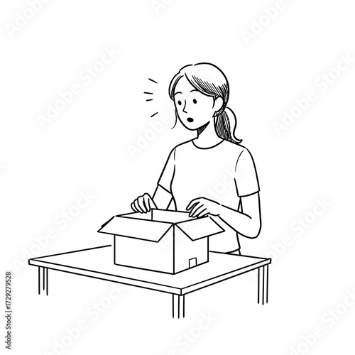 Woman opening cardboard box and reacting with surprise at table  